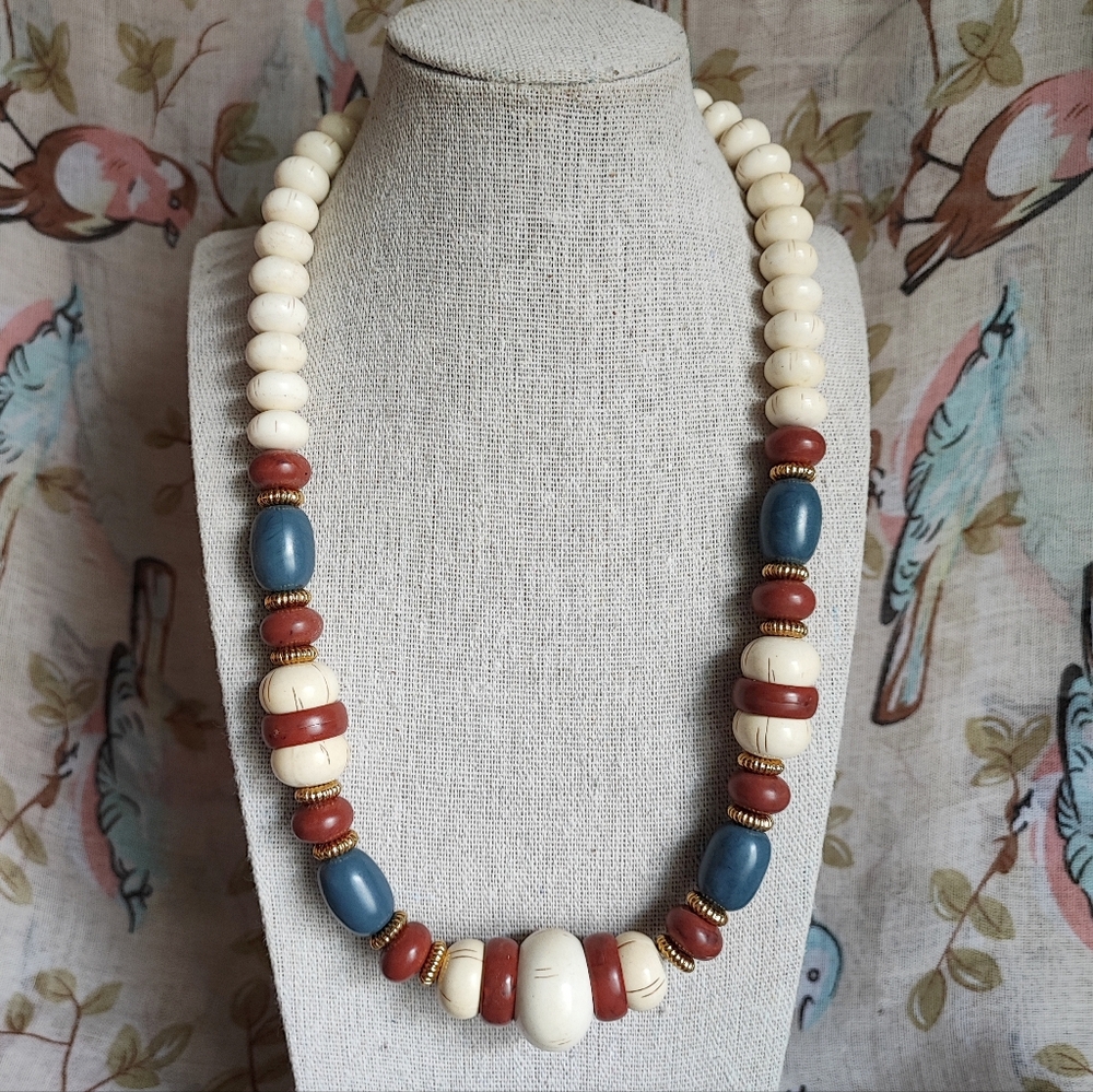 Blue Cream Brick Lucite Acrylic Beaded Vintage Necklace Fall Colors - Picture 1 of 5